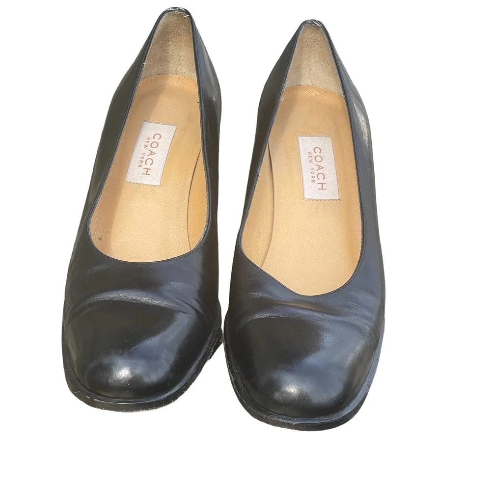 Coach New York Black Leather Round Toe Block Heels  - Size 8
